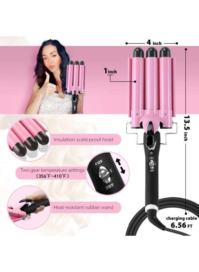 اوٹل مكواة تجعيد الشعر بثلاثة براميل، أداة تمويج الشعر بعرض 1 بوصة، جهاز تمويج للشعر لتصفيف الأمواج الشاطئية للنساء مع إعدادين للحرارة، باللون الوردي - Image 5